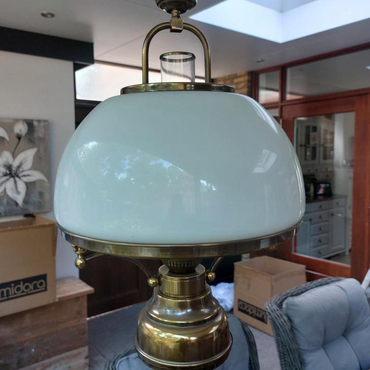 Mooie hanglamp met onderlicht brons/melkglas, Antiek en Kunst, Antiek | Lampen, Ophalen