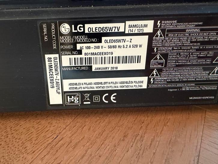 Defecte LG wallpaper OLED65W7V - Onderdelen of reparatie, Audio, Tv en Foto, Televisies, Niet werkend, OLED, 100 cm of meer, 4k (UHD)