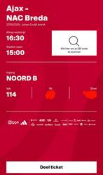 1 ticket Ajax-NAC vak 114, ingang Noord B, Losse kaart, Eén persoon, September
