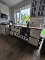 Hoekkeuken & rechte wand creme met massief houten werkblad, Huis en Inrichting, Keuken | Complete keukens, Ophalen, Gebruikt, Wit