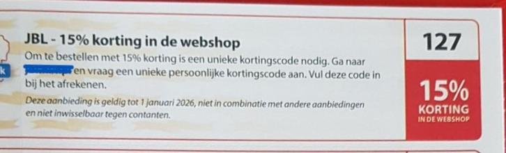 JBL - 15% korting in de webshop, Tickets en Kaartjes, Kortingen en Cadeaubonnen, Eén persoon, Warenhuis- of Winkelbon, Kortingsbon