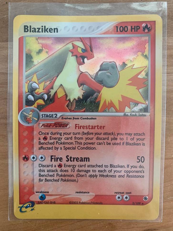 Blaziken holo 3/109 Pokemon Ruby & Sapphire, Hobby en Vrije tijd, Verzamelkaartspellen | Pokémon, Zo goed als nieuw, Losse kaart