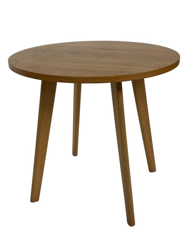Vintage ronde bijzettafel in eikenfineer, 1960 tafeltje, Huis en Inrichting, Tafels | Bijzettafels, Gebruikt, Rond, Hout, Ophalen
