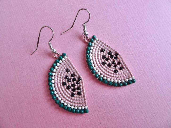 jwg Vintage 80s watermeloen oorbellen roze groen zilver klr, Sieraden, Tassen en Uiterlijk, Antieke sieraden, Oorbellen, Overige materialen