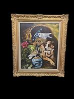 Schilderij Hond met duiven.Gesign., Antiek en Kunst, Kunst | Schilderijen | Klassiek, Ophalen of Verzenden