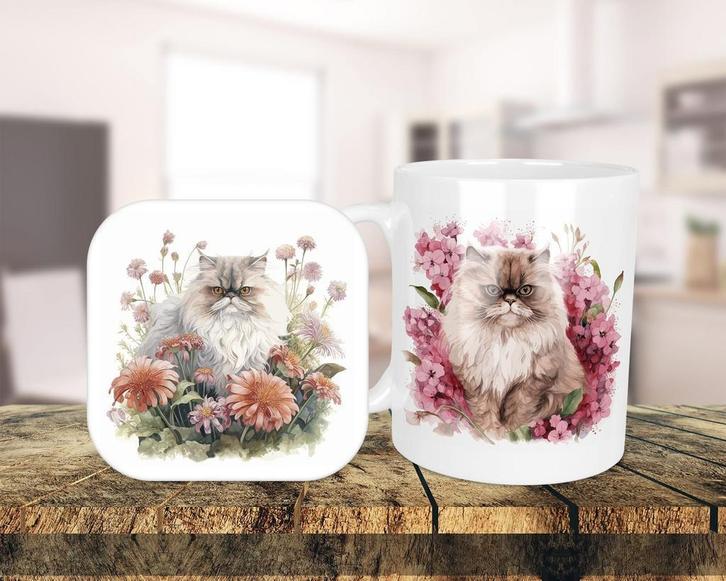 Perzische Kat Aquarel set onderzetter + mok, Huis en Inrichting, Keuken | Servies, Nieuw, Kop(pen) en/of Schotel(s), Overige stijlen