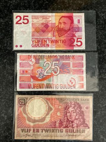 3x 25 Gulden Bankbiljetten - Nederland beschikbaar voor biedingen