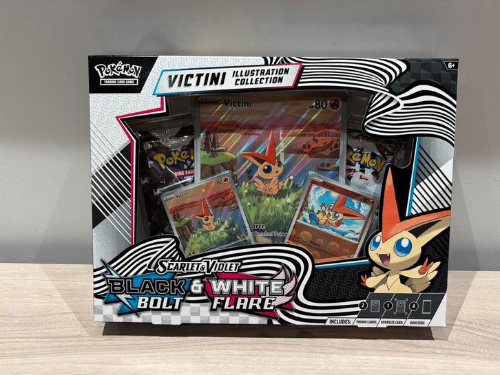 Black Bolt & White Flare Unova Victini Illustration box, Hobby en Vrije tijd, Verzamelkaartspellen | Pokémon, Nieuw, Foil, Ophalen of Verzenden
