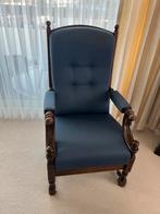 Blauwe fauteuil met houten frame (herniastoel), Huis en Inrichting, Fauteuils, Ophalen, Klassiek, 75 tot 100 cm, Zo goed als nieuw