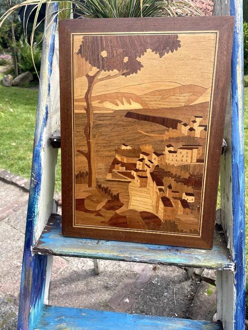 Vintage hout ingelegd schilderij, Antiek en Kunst, Kunst | Schilderijen | Klassiek, Ophalen of Verzenden
