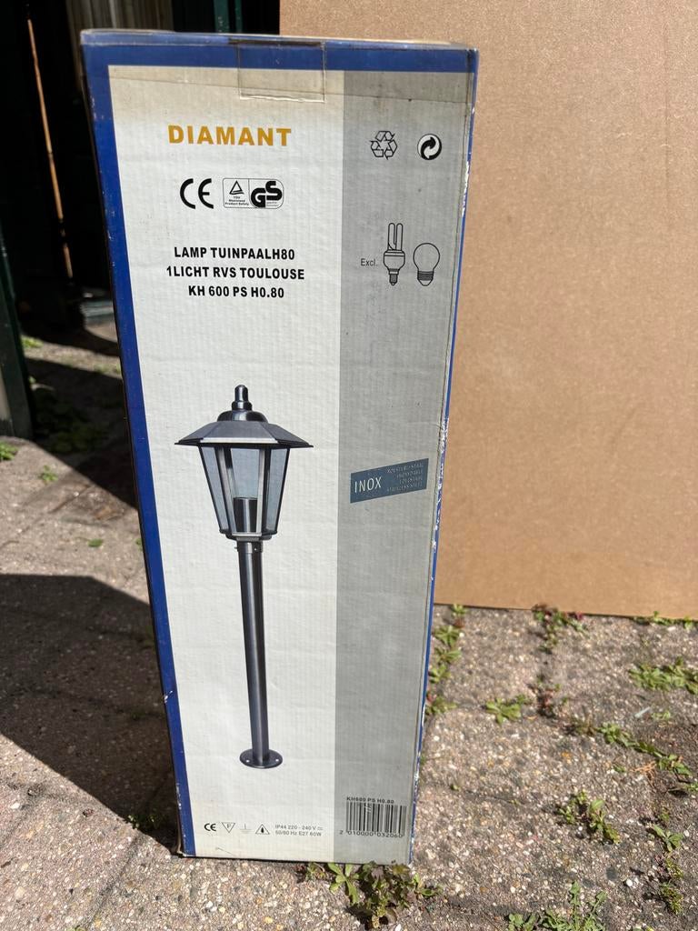 2x Diamant Toulouse Tuinpaal lamp RVS 80cm, Ophalen, Minder dan 50 watt, Staande lamp, Nieuw