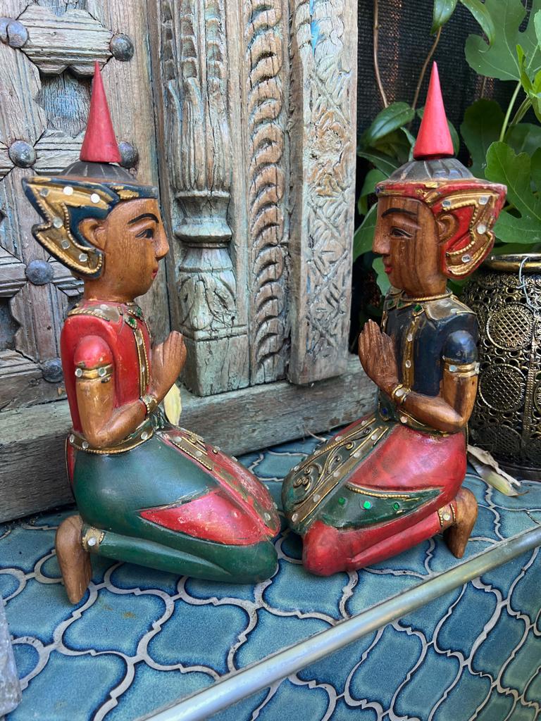 Thailand poortwachter set houtsnijwerk beeld vintage Thaise, Ophalen of Verzenden