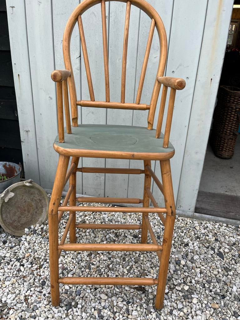 Vintage houten kinderstoel met groen zitvlak, Ophalen of Verzenden