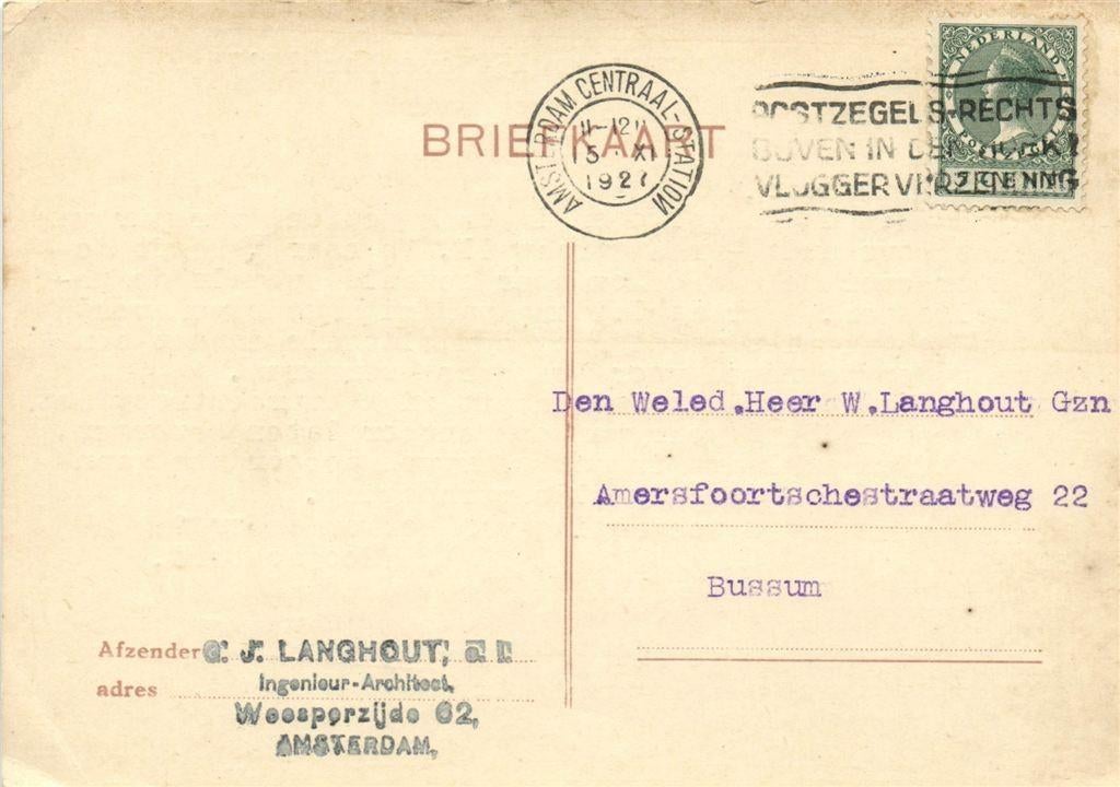 G.J. Langhout, Ingenieur-Architect, Amsterdam - 11.1927 - br, Ophalen of Verzenden, Briefkaart