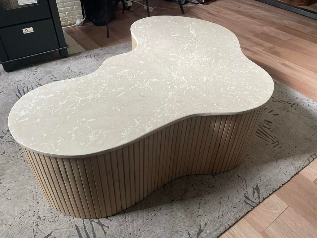 Salontafel Kira beige marmer organische vorm, Ophalen, Overige materialen, 100 tot 150 cm, Nieuw