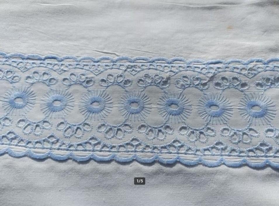 Vintage beddengoed blauwe sierrand 1x laken 2x sloop (A31), Huis en Inrichting, Slaapkamer | Beddengoed, Gebruikt, Overige kleuren