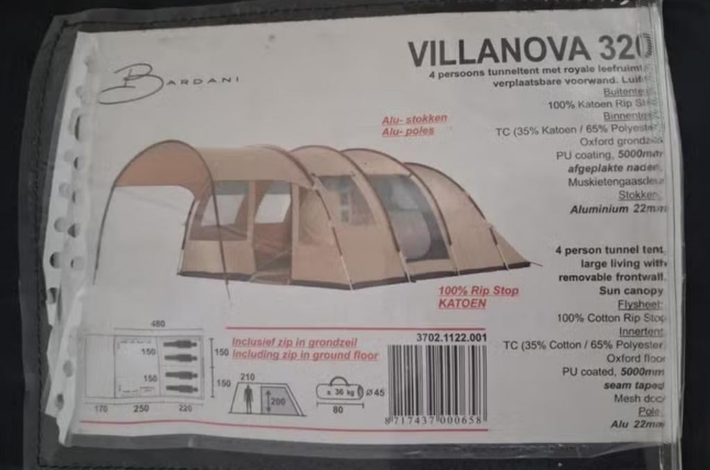 Bardani Villanova 320: Ruime 4-persoons tunneltent, Caravans en Kamperen, Tenten, Ophalen of Verzenden, Gebruikt, Tot en met 4