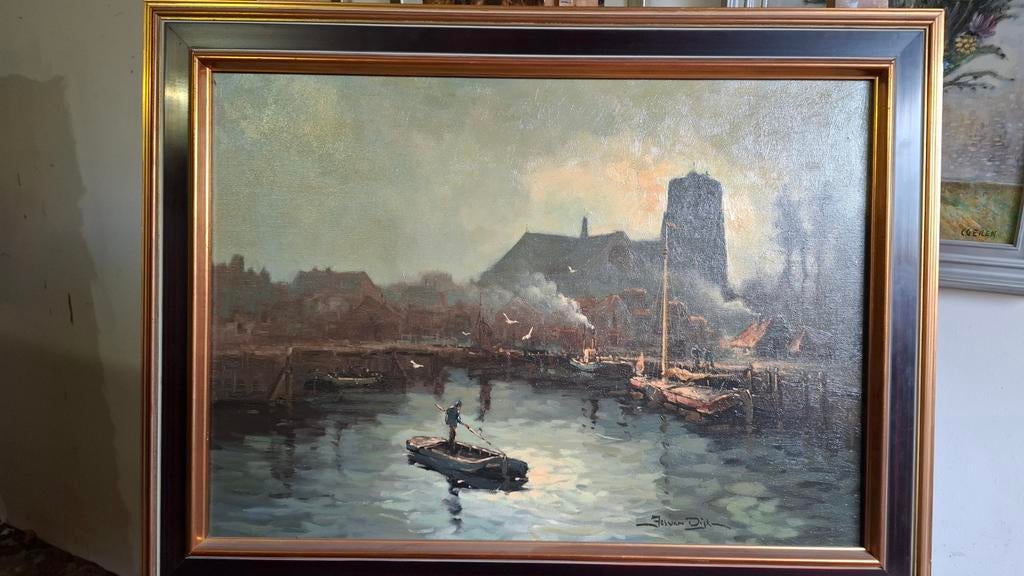 Schilderij van Jos van Dijk - Havengezicht, Antiek en Kunst, Ophalen of Verzenden