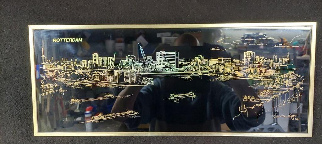 Rotterdam skyline ets op glas gesigneerd caroline vegter, Antiek en Kunst, Ophalen of Verzenden