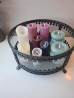 Decoratieve metalen/glazen schaal en kaarsen, Ophalen, Zo goed als nieuw