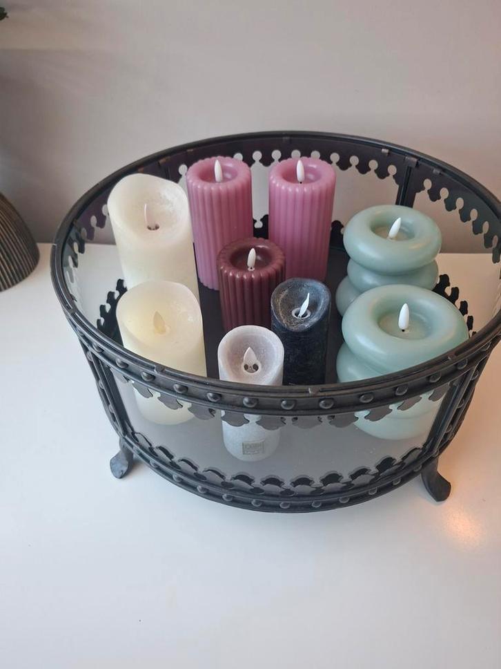 Decoratieve metalen/glazen schaal en kaarsen, Huis en Inrichting, Woonaccessoires | Overige, Zo goed als nieuw, Ophalen
