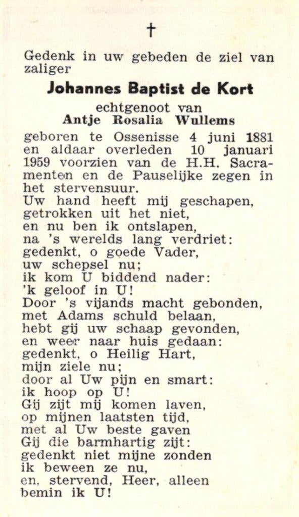kort de Johannes Baptist 1881-1959 Ossenisse, Verzamelen, Bidprentjes en Rouwkaarten, Ophalen of Verzenden