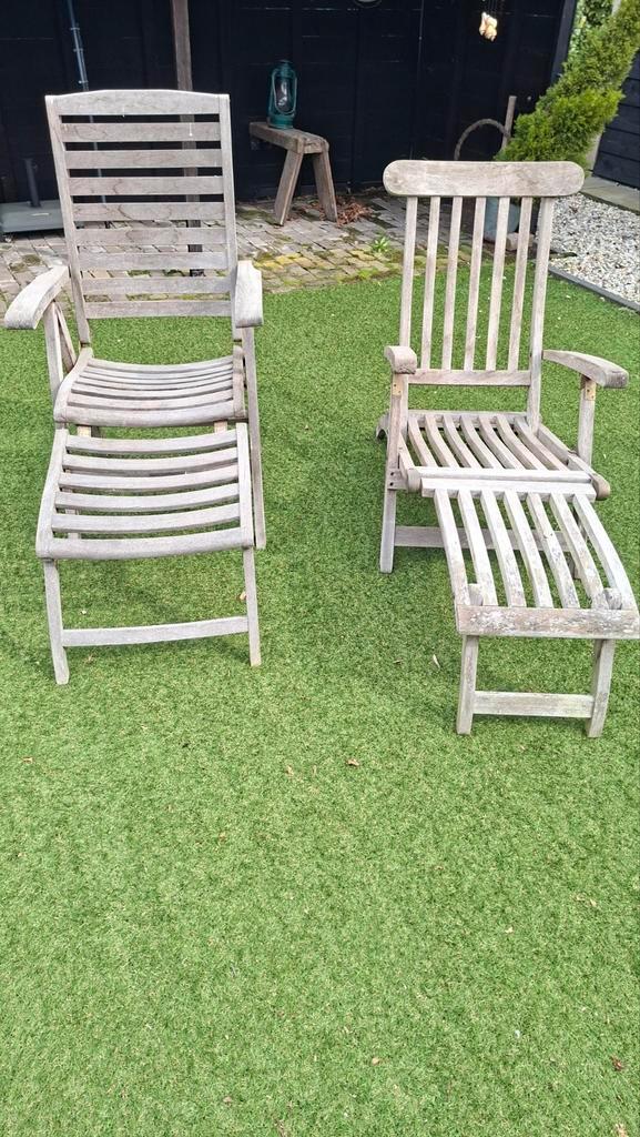 2 teakhouten stoelen  deckchair, Tuin en Terras, Ligbedden, Gebruikt, Teakhout, Inklapbaar, Verstelbaar, Ophalen