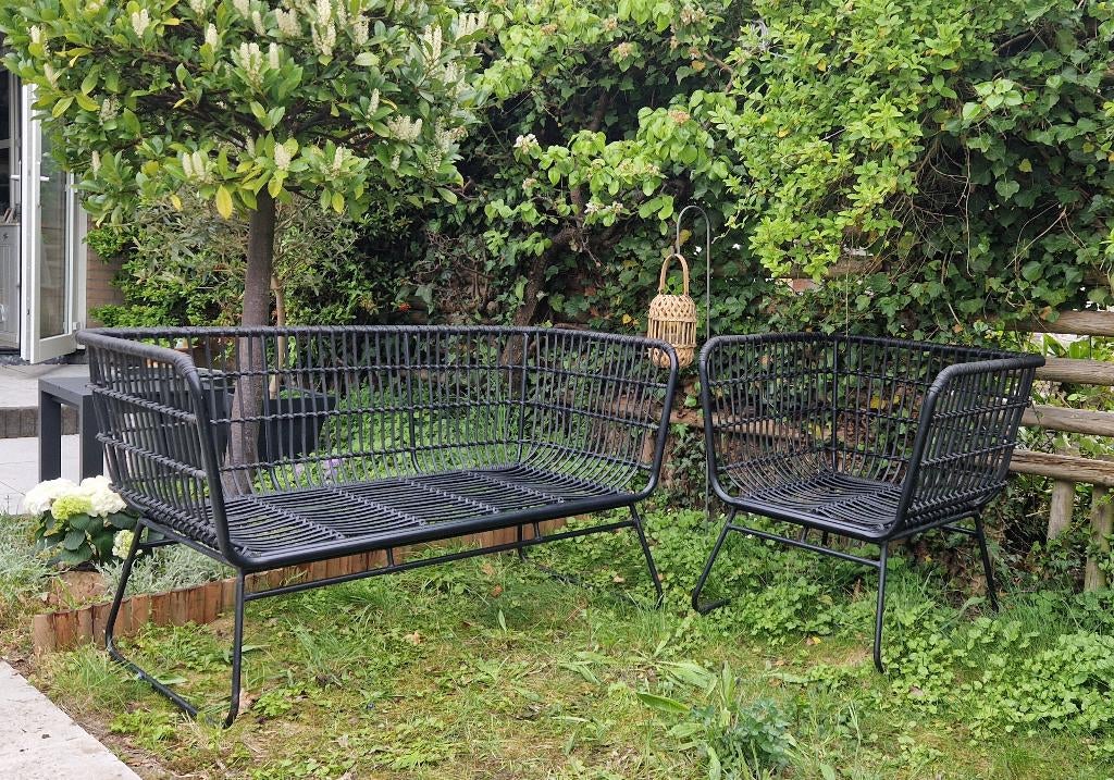 Loungeset Bank Stoel Zwart Kunstof Rotan Metaal Kussens, Ophalen, Gebruikt, Rotan, 3 zitplaatsen