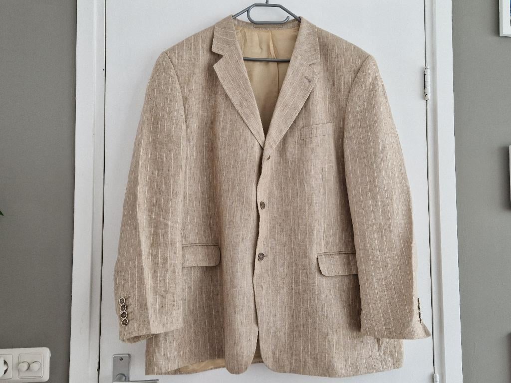 Een mooi zomer 100% linnen pak zandkleur met witte streep, Ophalen of Verzenden, Zo goed als nieuw, Kostuum of Pak
