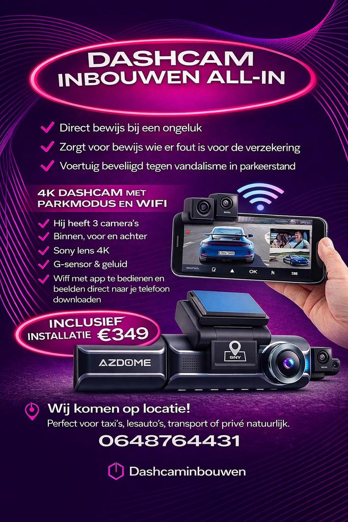 Dashcam Azdome M550 PRO 3 camera’s  inclusief montage, Ophalen, Nieuw
