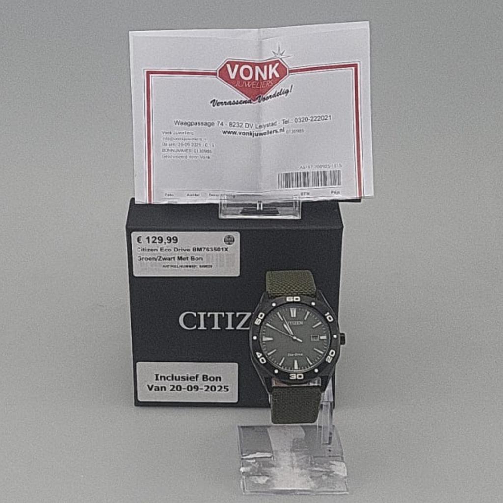 Citizen Eco Drive BM763501X Groen/Zwart Met Bon, Citizen, Zo goed als nieuw, Support@citizen.com, Citizen Watch Co., Ltd. 1-12-32 Takeda, Fushimi-ku, 
Kyoto 612-8501
Japan