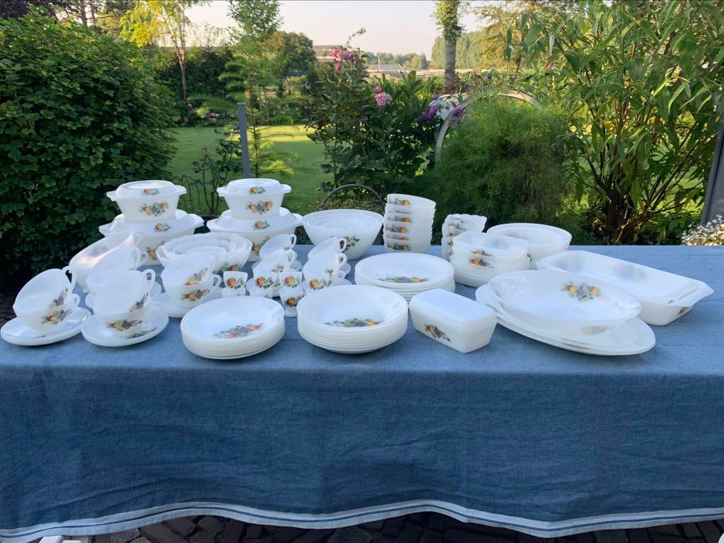 Compleet 8-persoons Arcopal servies Fruit de France vintage, Ophalen of Verzenden