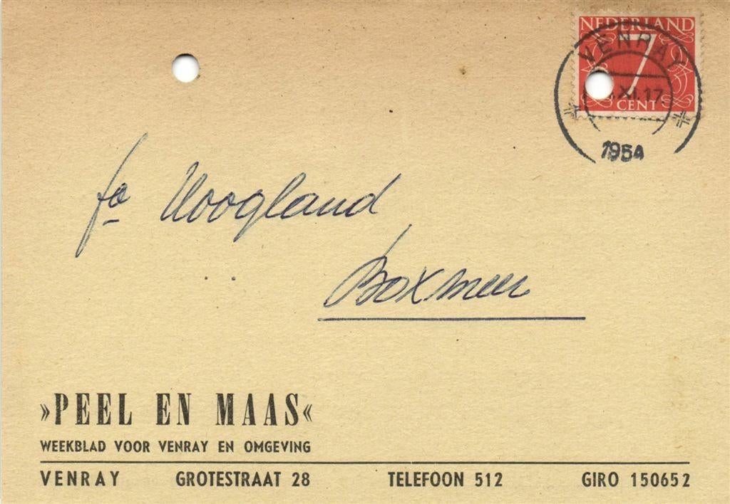 Peel en Maas, Venray - 11.1954 - briefkaart, Ophalen of Verzenden, Briefkaart
