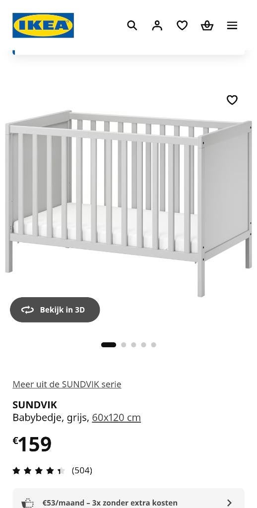 SUNDVIK babybedje 60x120cm, Ophalen, Zo goed als nieuw, Minder dan 140 cm, Matras