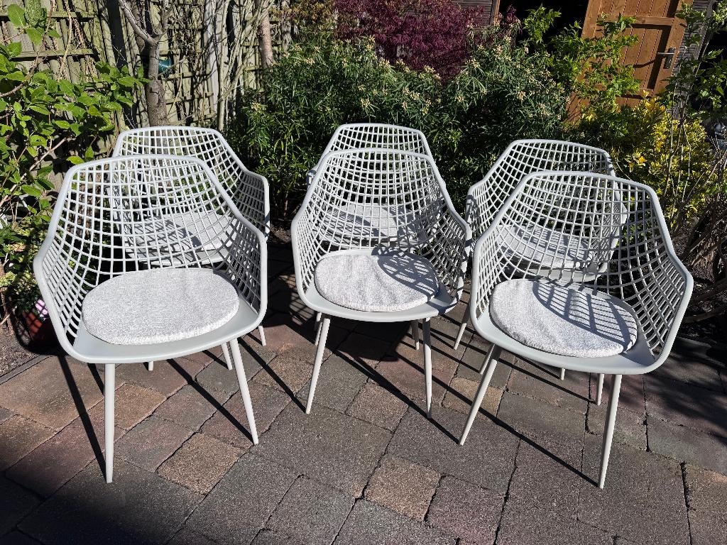 Kuipstoel Webbing en tuinstoelkussen Rond Zandkleur (6x), Tuin en Terras, Ophalen, Zo goed als nieuw, Kunststof