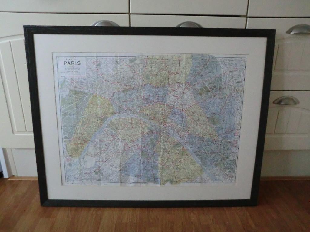 Antieke plattegrond van Parijs in lijst met museumglas, Ophalen, Overige materialen, Gebruikt, 50 tot 75 cm