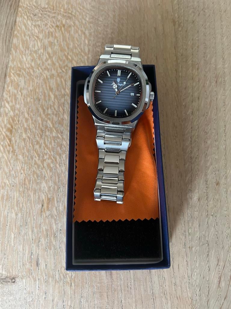 Herenhorloge quartz 42mm, roestvrij staal, krasvrij, Sieraden, Tassen en Uiterlijk, Horloges | Heren, Staal, Polshorloge, Zo goed als nieuw