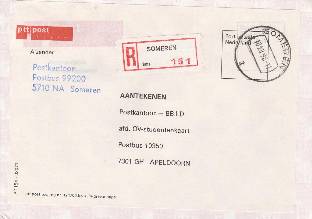 SOMEREN 1990 aangetekende dienstenvelop POSTKANTOOR, Ophalen of Verzenden, 1980 tot heden, Gelopen, Noord-Brabant