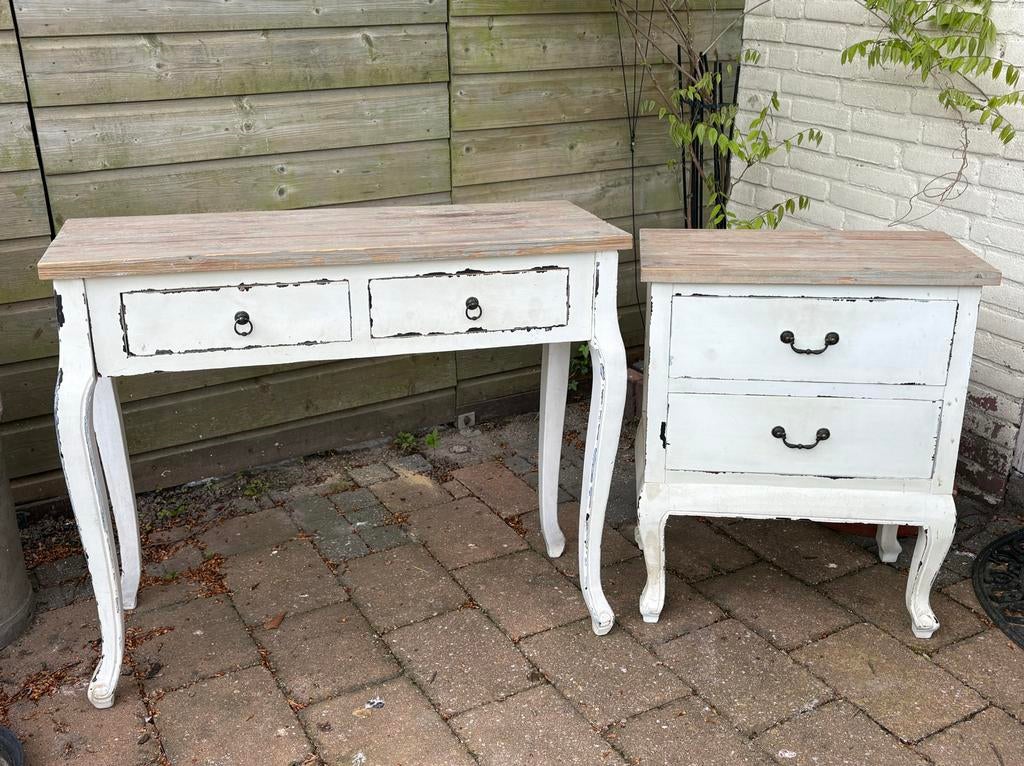 Vintage look wit kastje en side table set, Huis en Inrichting, Ophalen, Gebruikt, 1 of 2 laden, 50 tot 100 cm