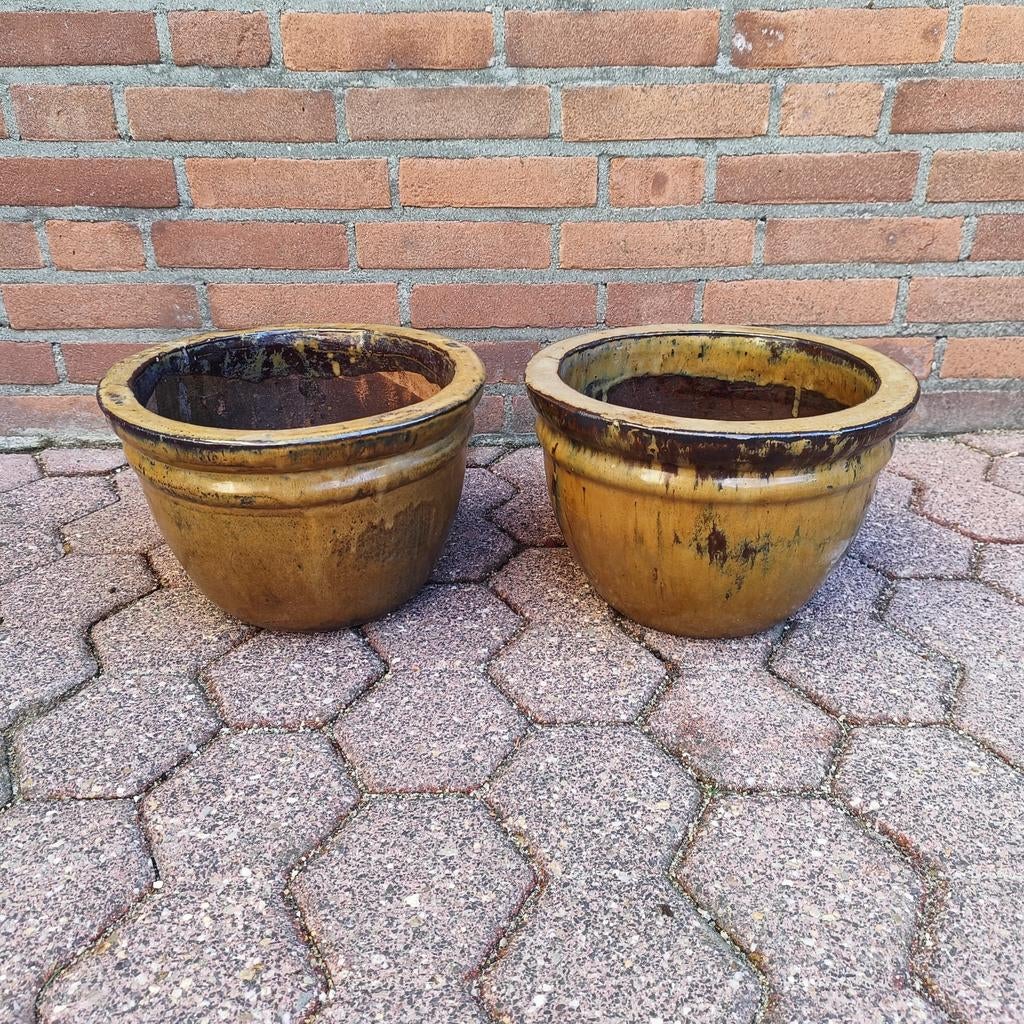 2 mooie geglazuurde bloempotten, Ophalen, Rond, Zo goed als nieuw, Aardewerk
