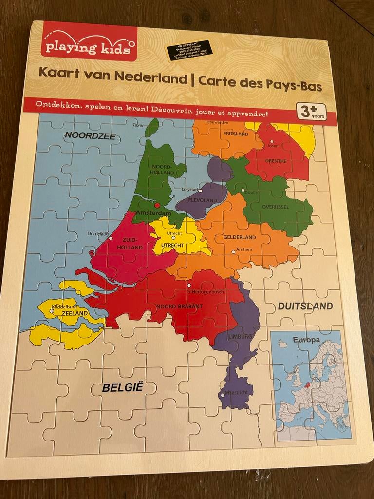 Houten puzzel Kaart van Nederland - Playing Kids, nieuw!, 2 tot 4 jaar, 10 tot 50 stukjes, Nieuw, Ophalen of Verzenden