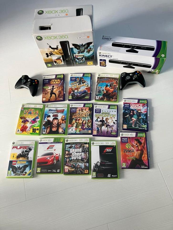 Xbox 360 Elite met Kinect, 2 controllers en 12 games, Spelcomputers en Games, Spelcomputers | Xbox 360, Zo goed als nieuw, 120 GB
