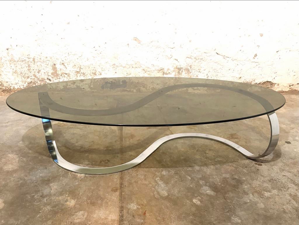 Jaren '70 Space Age Salontafel - Infinity chromen onderstel, Gebruikt, 100 tot 150 cm, Glas, Minder dan 50 cm