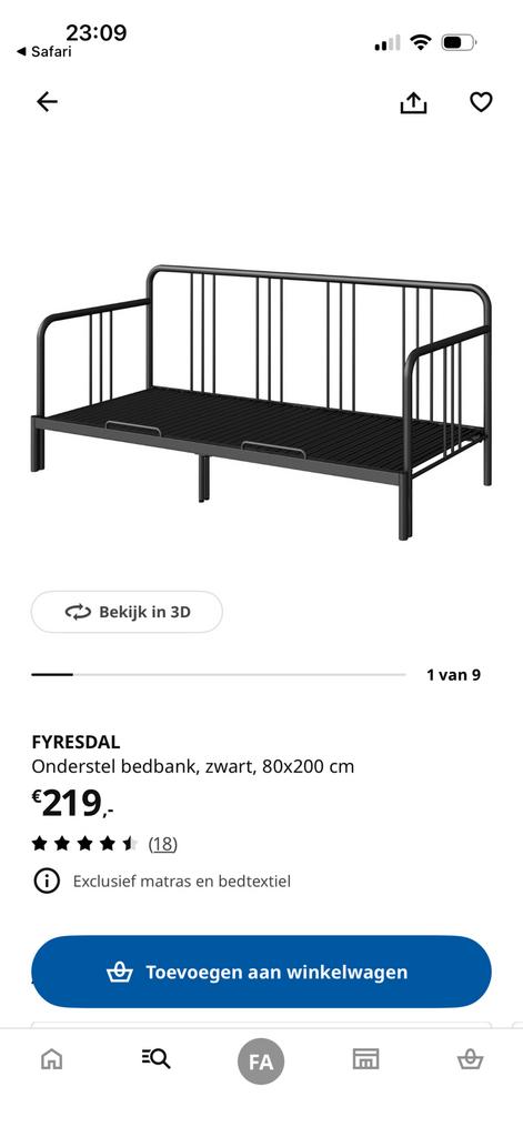 Ikea bed zwart metaal, Ophalen, 90 cm, Eenpersoons, Zwart