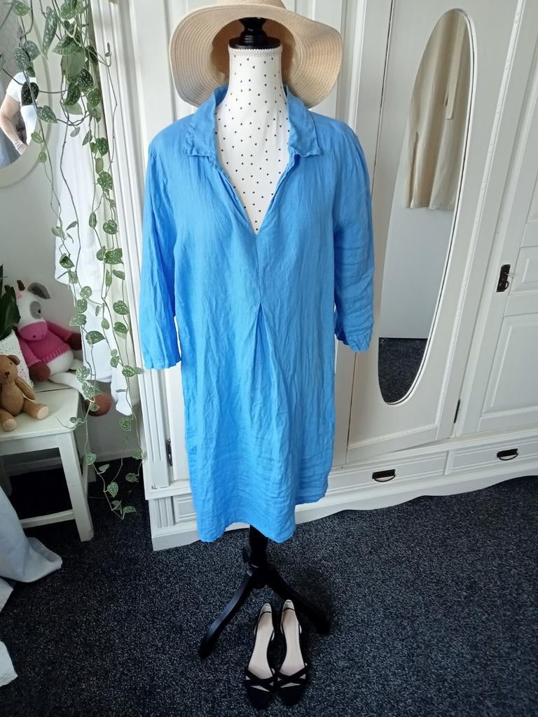 Wauw " Linnen jurk maat XL ", Blauw, Maat 42/44 (L), Ophalen of Verzenden, Zo goed als nieuw