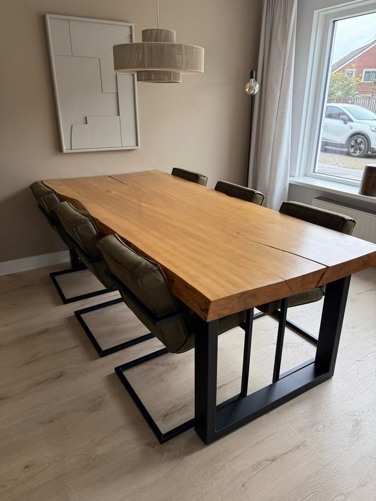 Eikenblad eettafel en 6 eetkamerstoelen, Huis en Inrichting, Tafels | Eettafels, Zo goed als nieuw, 50 tot 100 cm, 200 cm of meer