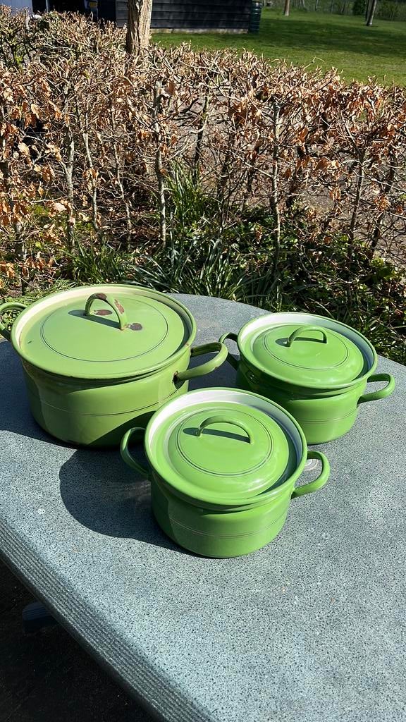 Reseda groen emaille pannen 3 stuks, Ophalen of Verzenden