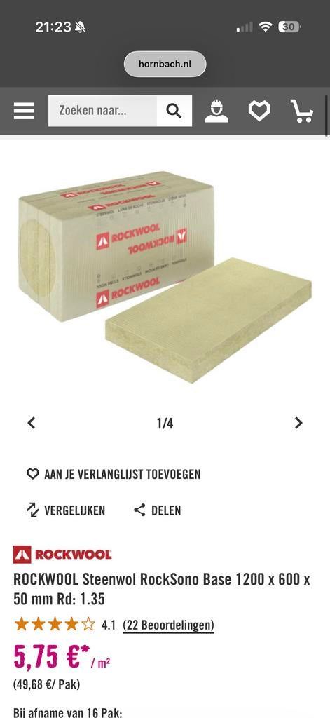 Rockwool Steenwol RockSono Base 50 mm, Doe-het-zelf en Verbouw, Isolatie en Afdichting, Ophalen, 4 tot 8 cm, 10 tot 15 m², Nieuw
