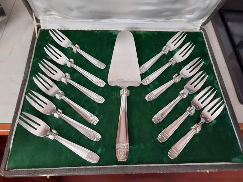 ART DECO  VERZILVERD  TAART SERVEER SET, Antiek en Kunst, Ophalen of Verzenden, Zilver