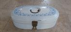 Vintage geëmailleerde broodtrommel wit met blauwtinten, Ophalen of Verzenden